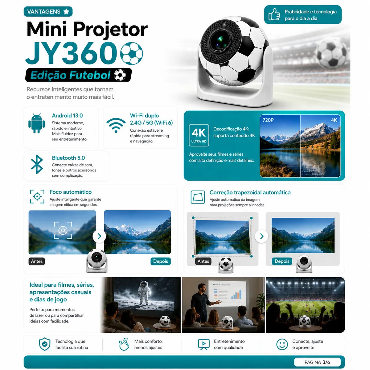 Projetor Portátil Arena Soccer 4k JY360