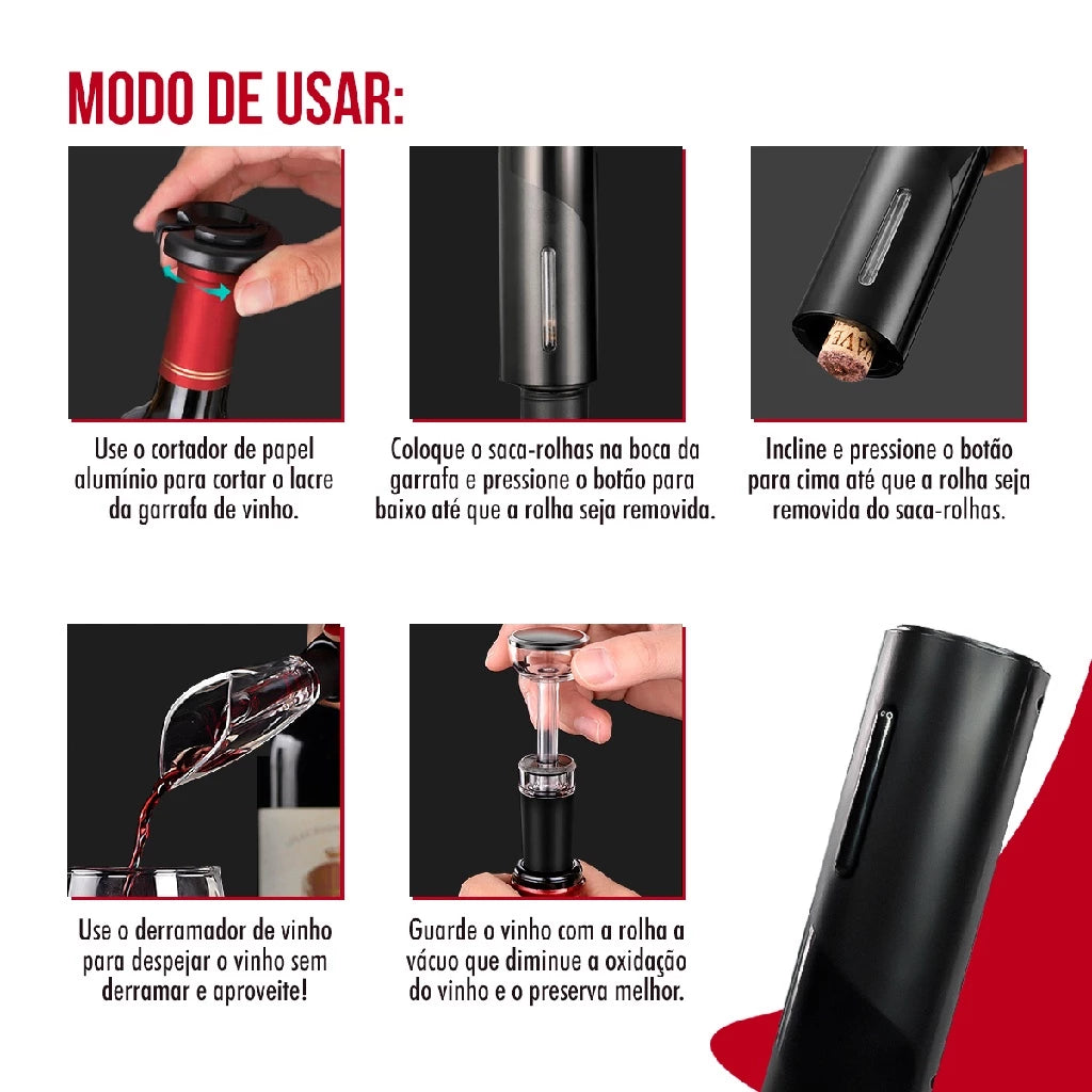 Kit Abridor de Vinho Garrafa Saca Rolha Elétrico Automático