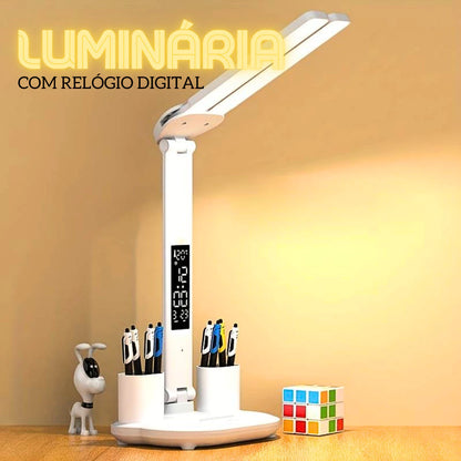 Luminária De Mesa LED Com Relógio e Porta Canetas